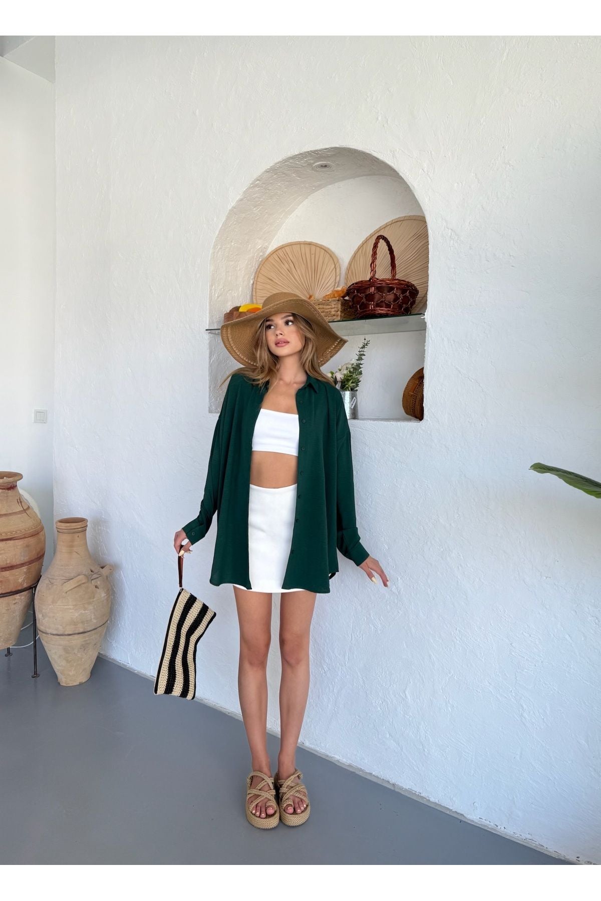 Kadın Koyu Yeşil Oversize Keten Ayrobin Gömlek