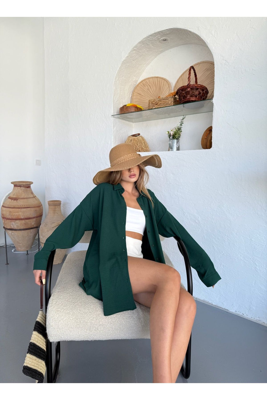 Kadın Koyu Yeşil Oversize Keten Ayrobin Gömlek