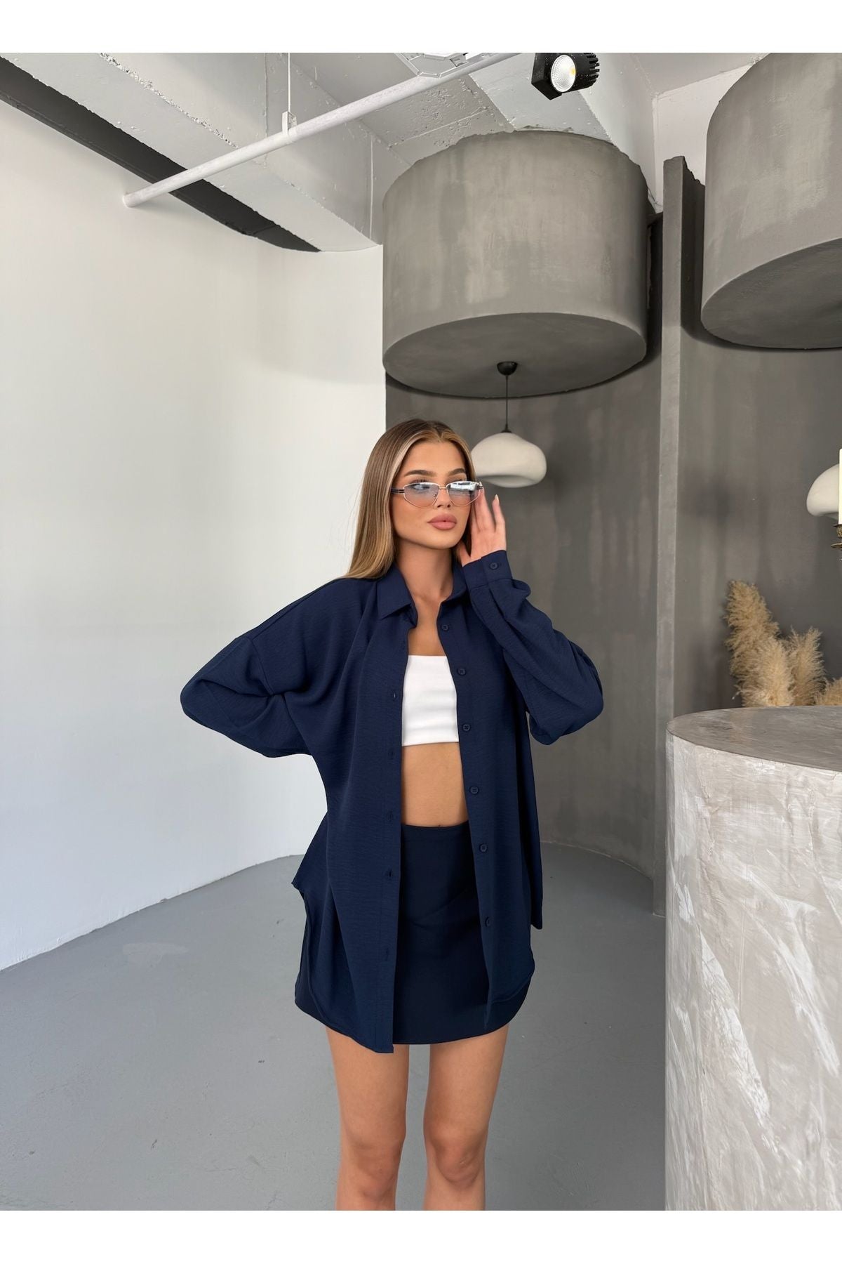 Kadın Lacivert Oversize Keten Ayrobin Gömlek