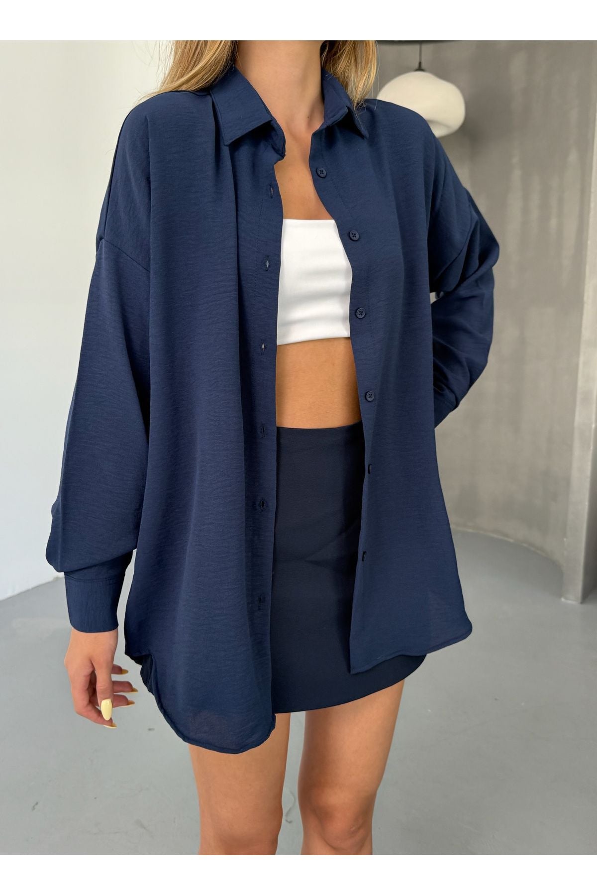 Kadın Lacivert Oversize Keten Ayrobin Gömlek