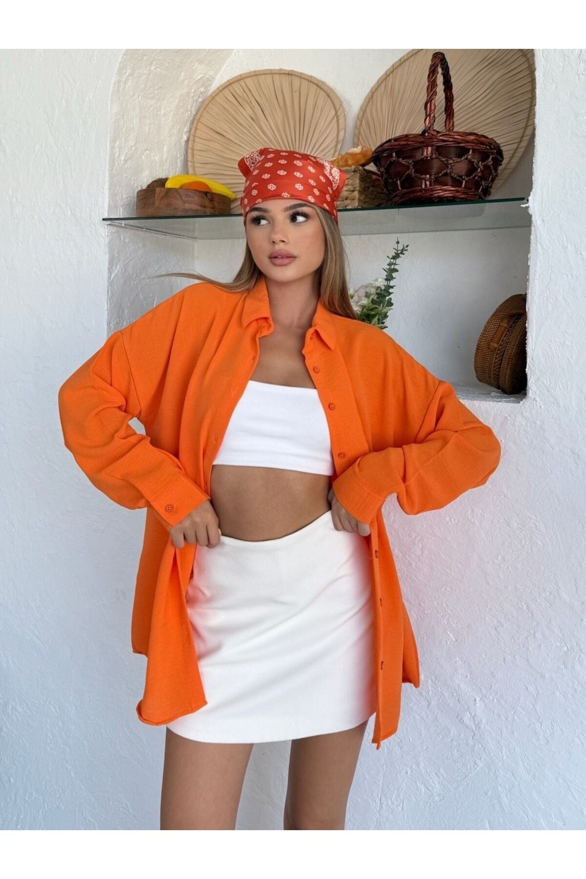 Kadın Oranj Oversize Keten Ayrobin Gömlek
