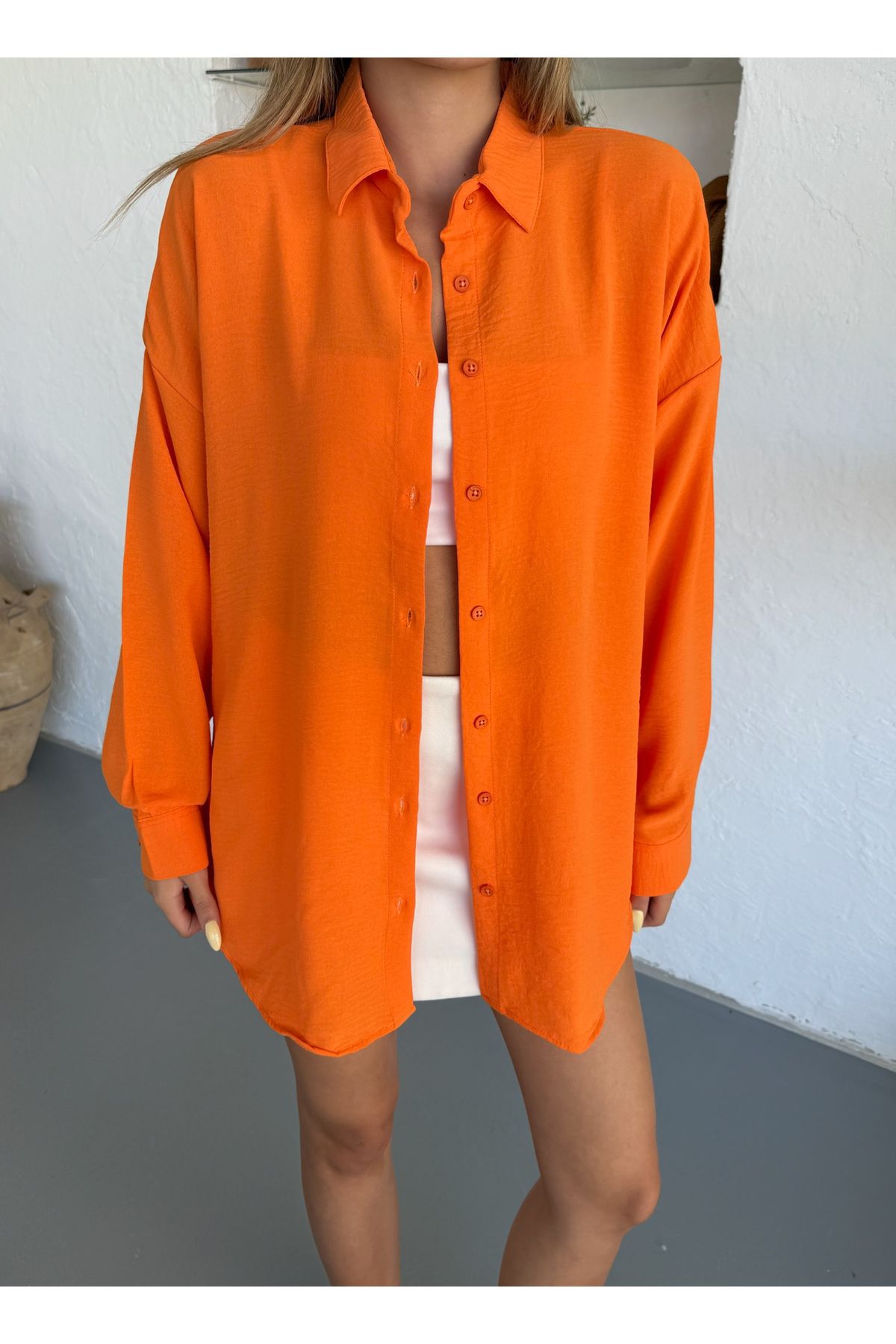 Kadın Oranj Oversize Keten Ayrobin Gömlek