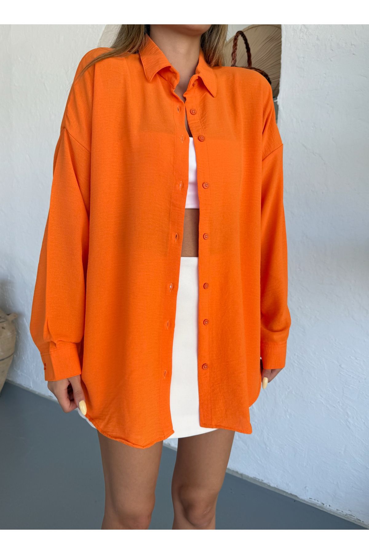 Kadın Oranj Oversize Keten Ayrobin Gömlek