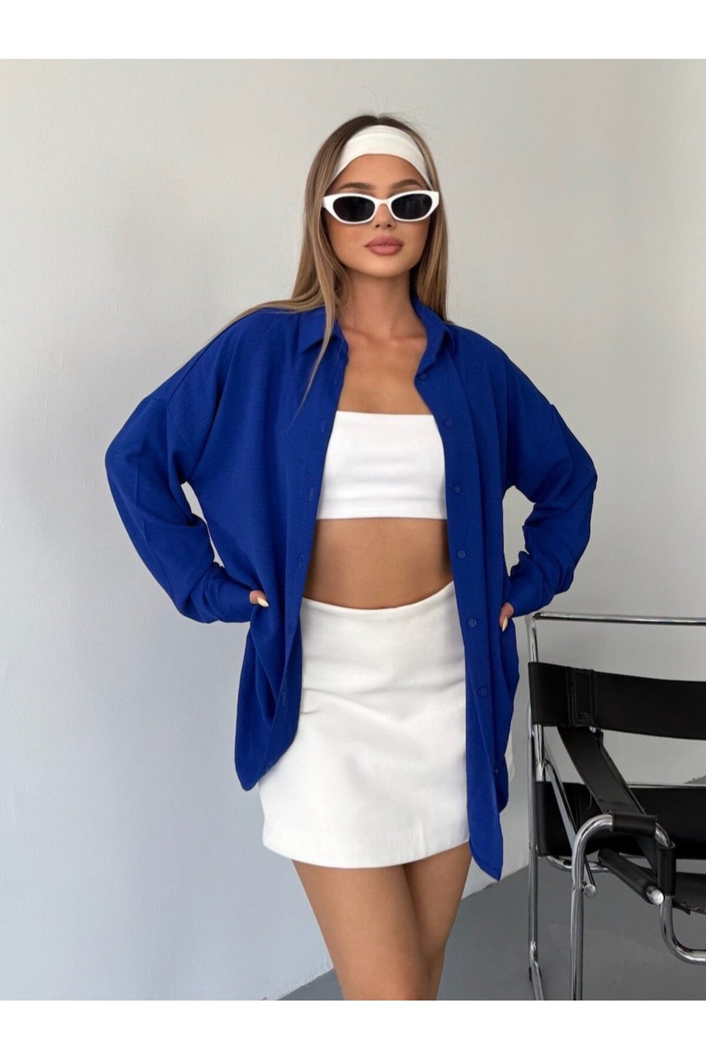 Kadın Saks Mavisi Oversize Keten Ayrobin Gömlek