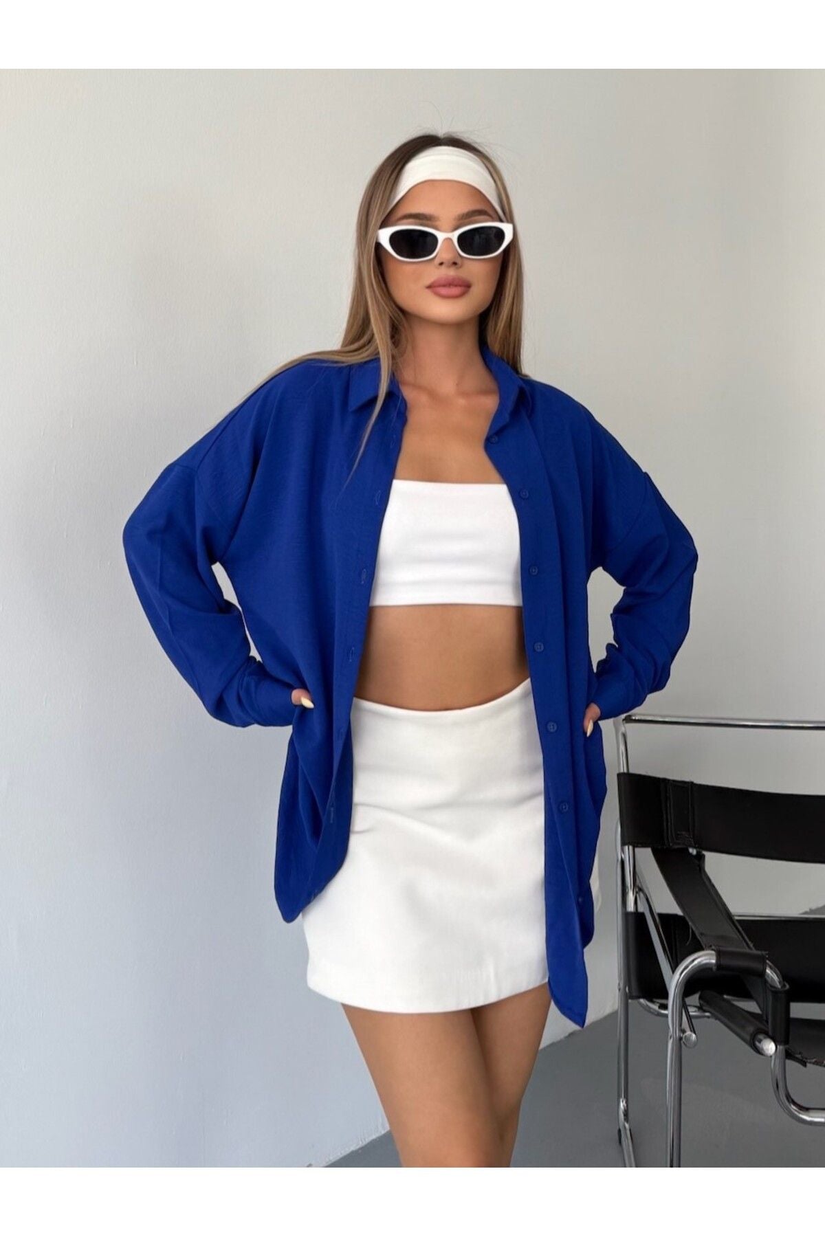 Kadın Saks Mavisi Oversize Keten Ayrobin Gömlek