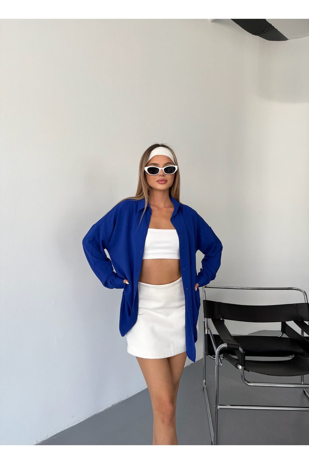 Kadın Saks Mavisi Oversize Keten Ayrobin Gömlek