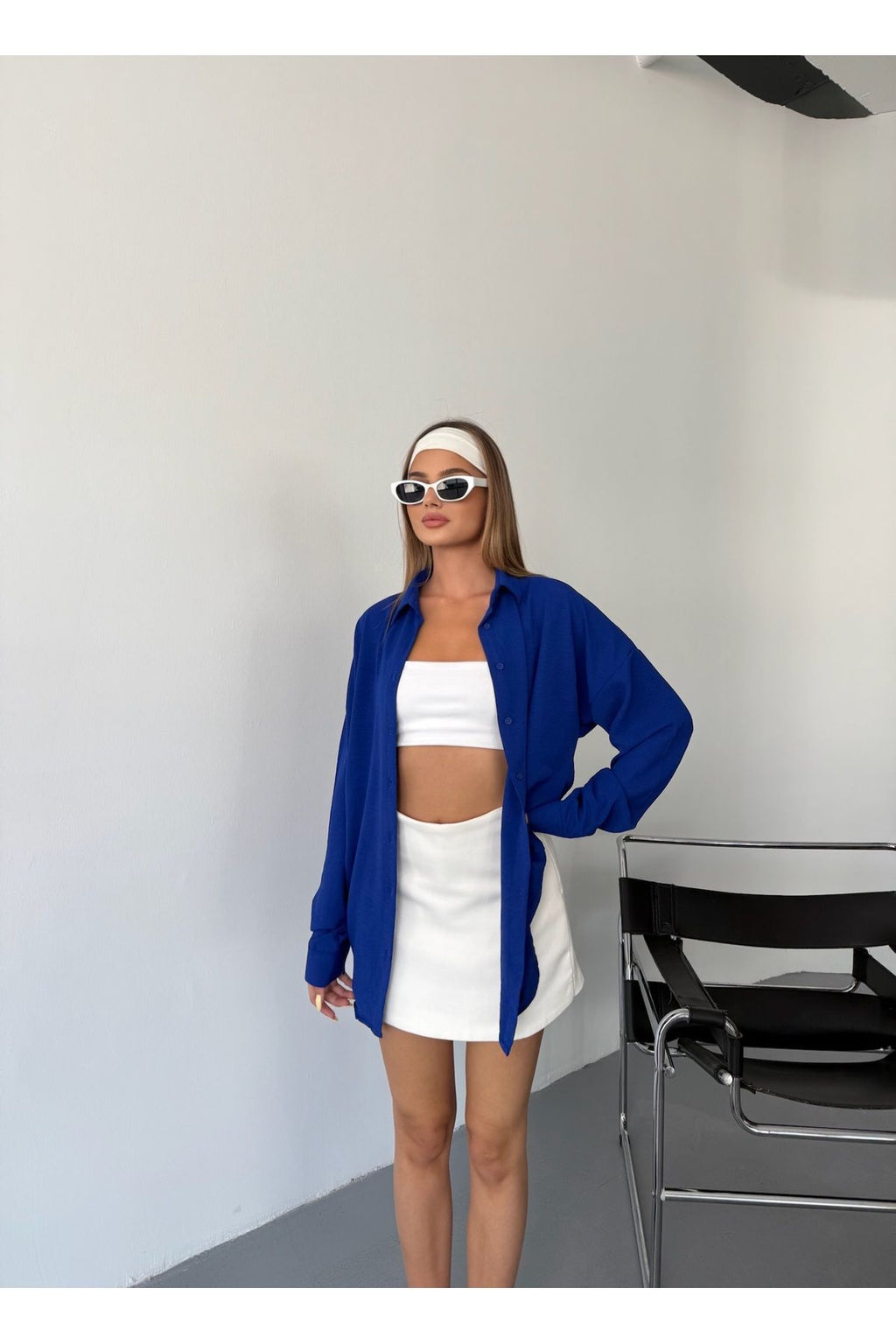 Kadın Saks Mavisi Oversize Keten Ayrobin Gömlek