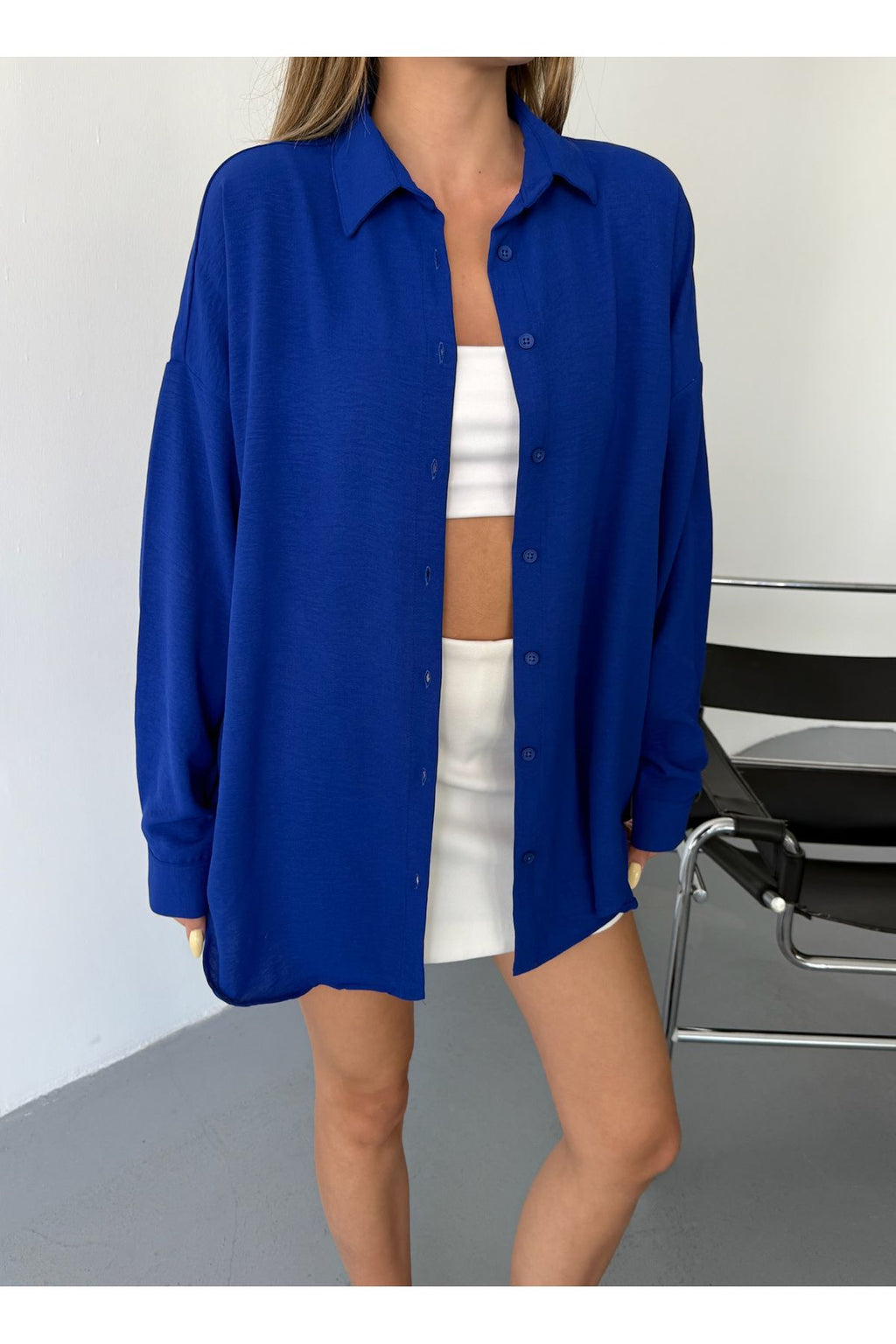 Kadın Saks Mavisi Oversize Keten Ayrobin Gömlek