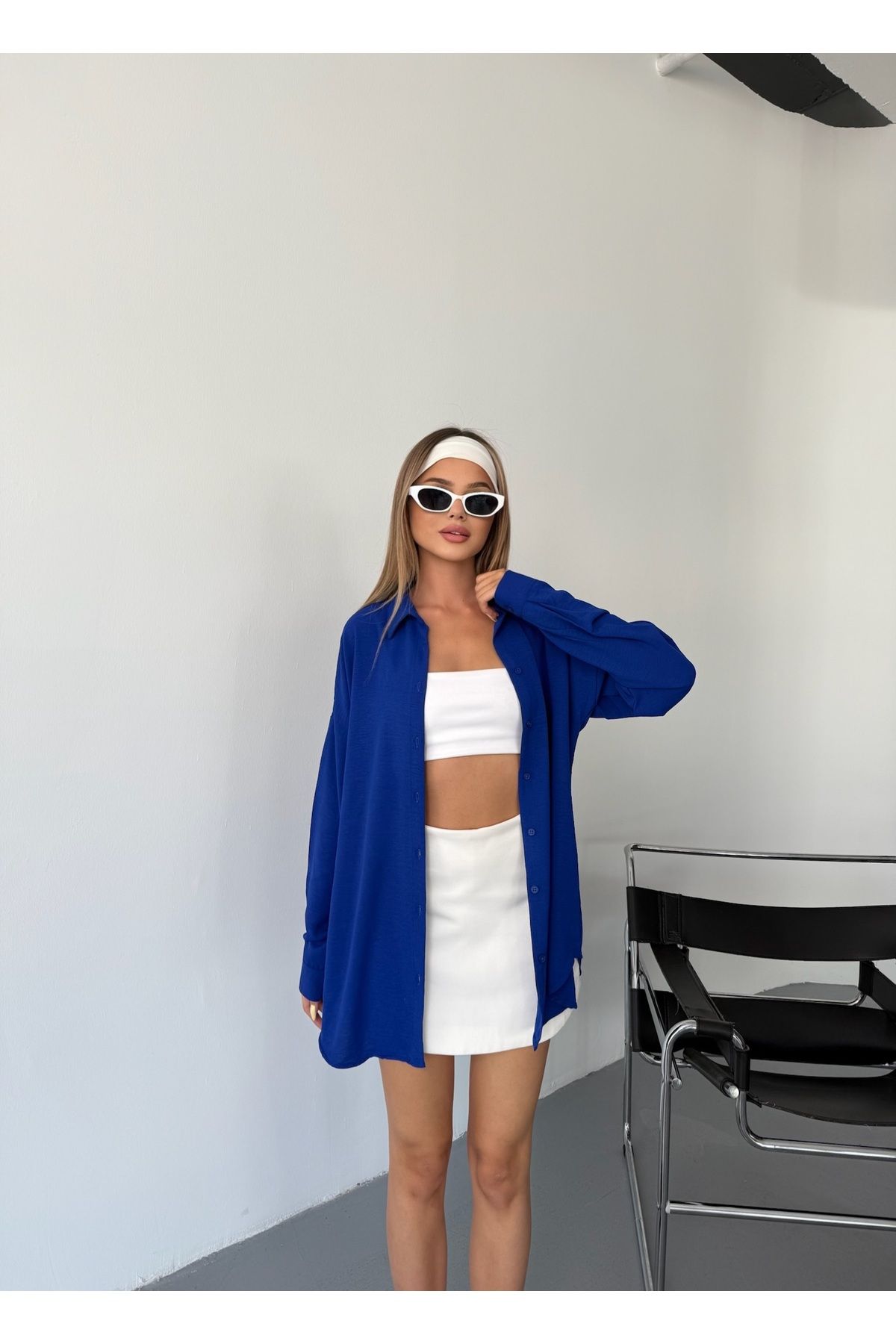 Kadın Saks Mavisi Oversize Keten Ayrobin Gömlek