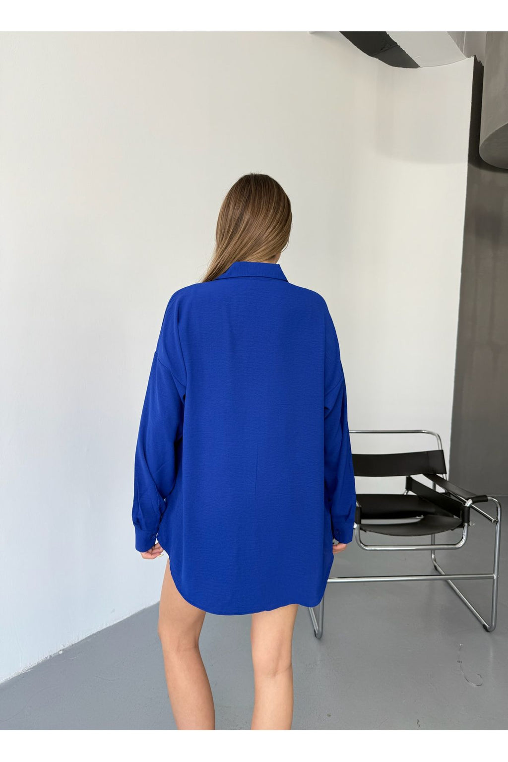 Kadın Saks Mavisi Oversize Keten Ayrobin Gömlek