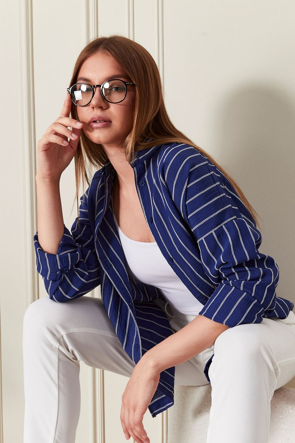 Lacivert Çizgili Over Fit Her Mevsime Uygun Kadın Gömlek