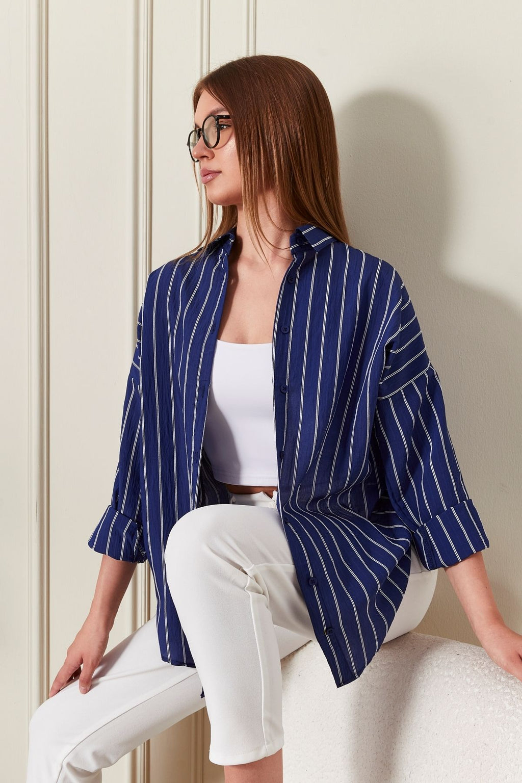 Lacivert Çizgili Over Fit Her Mevsime Uygun Kadın Gömlek