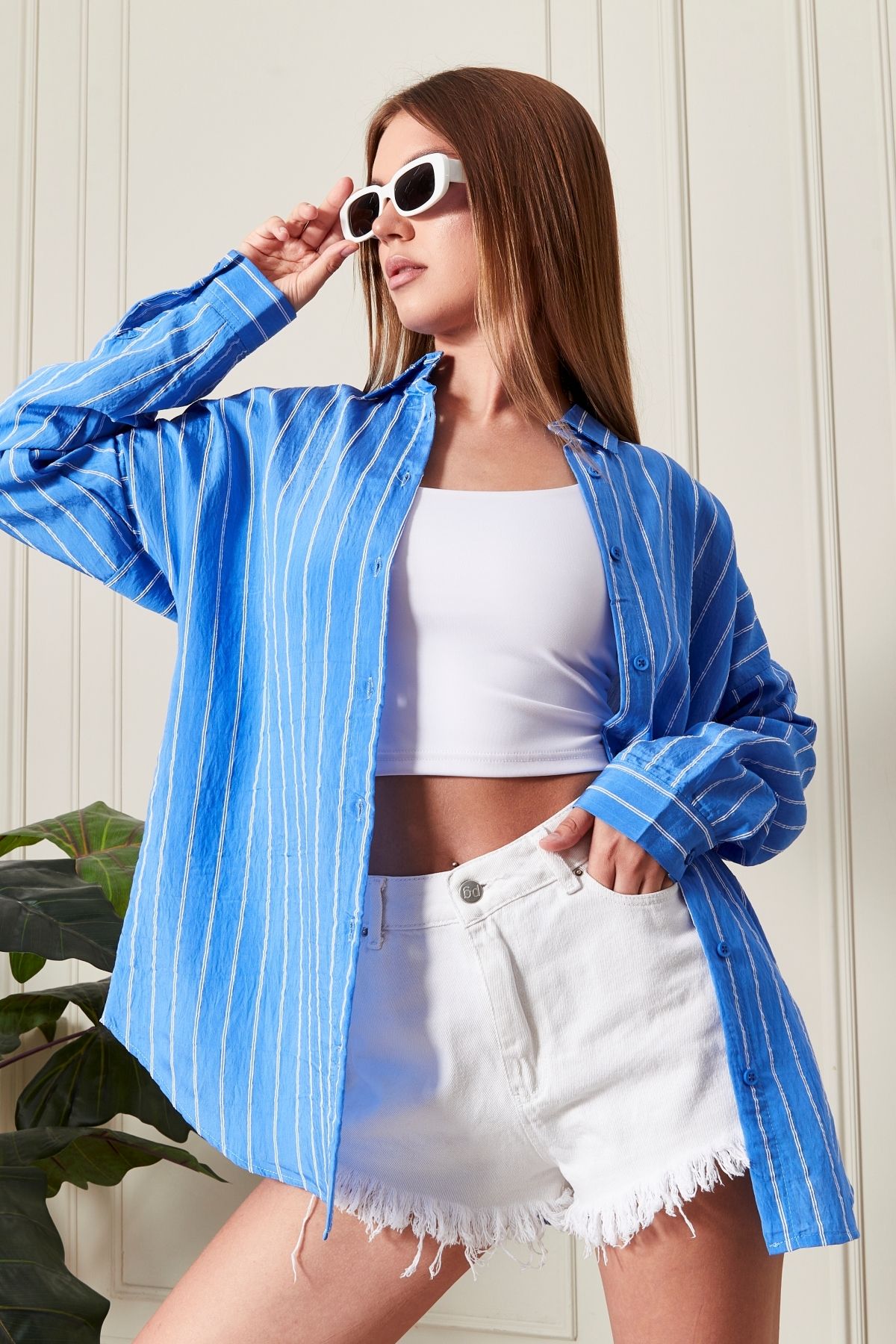 Mavi Çizgili Over Fit Her Mevsime Uygun Kadın Gömlek