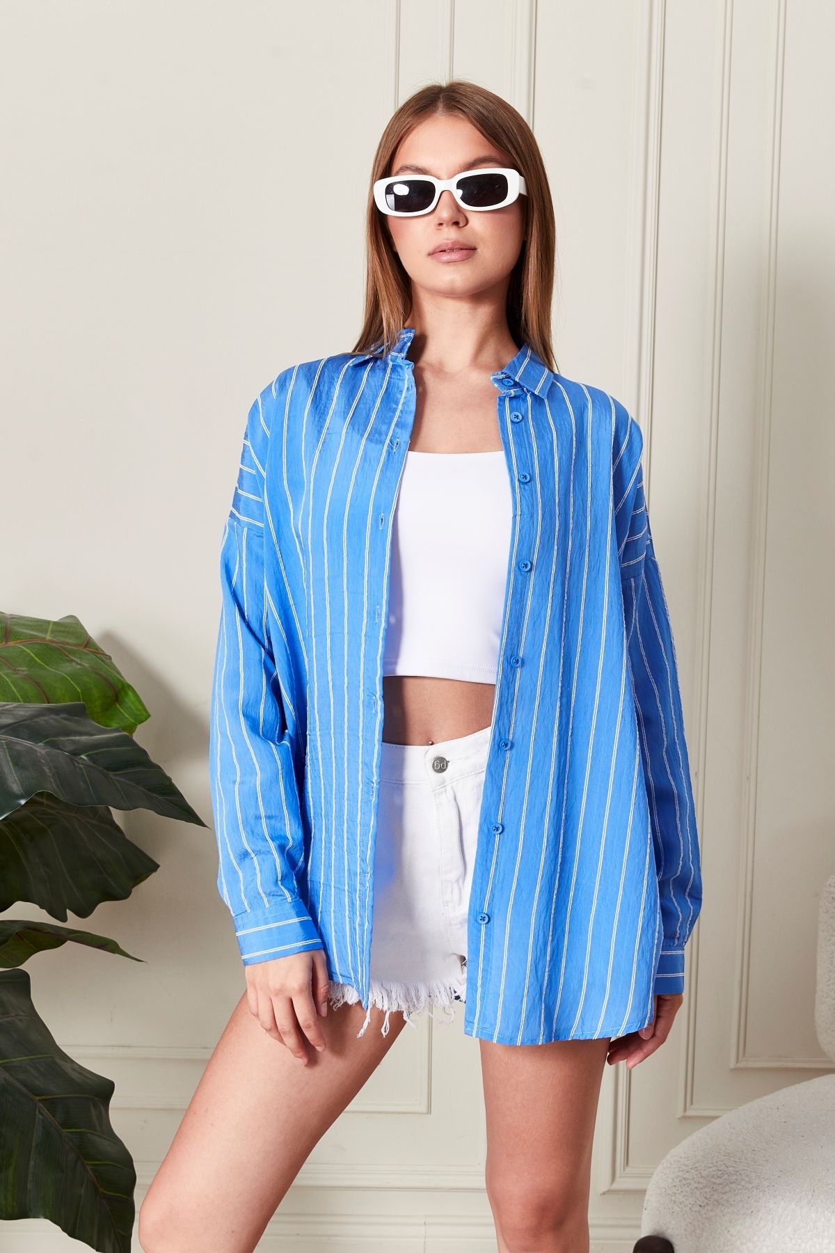 Mavi Çizgili Over Fit Her Mevsime Uygun Kadın Gömlek