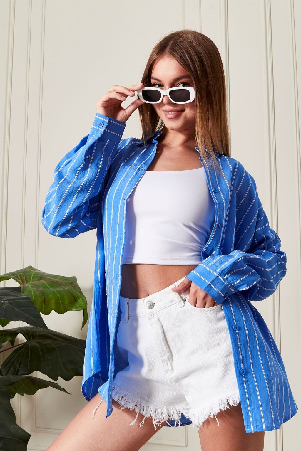 Mavi Çizgili Over Fit Her Mevsime Uygun Kadın Gömlek