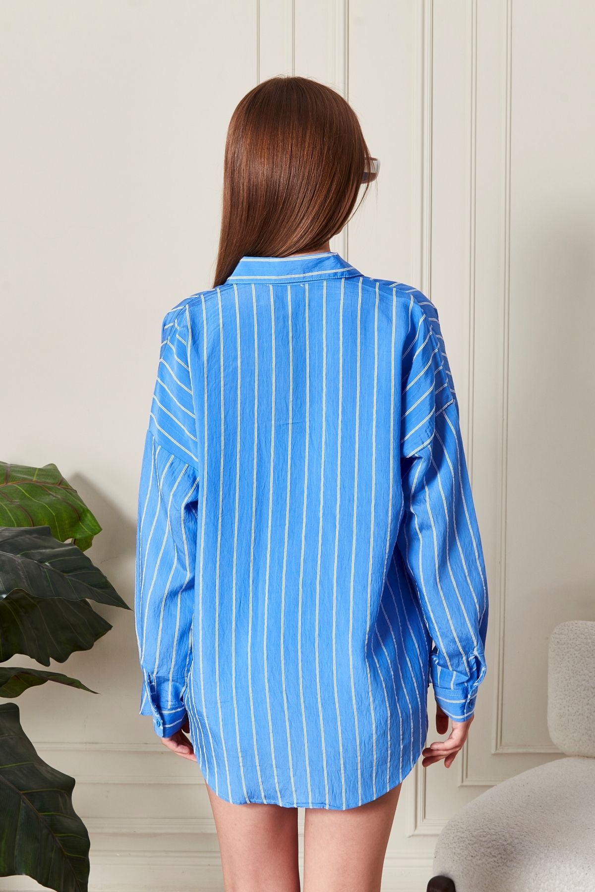 Mavi Çizgili Over Fit Her Mevsime Uygun Kadın Gömlek