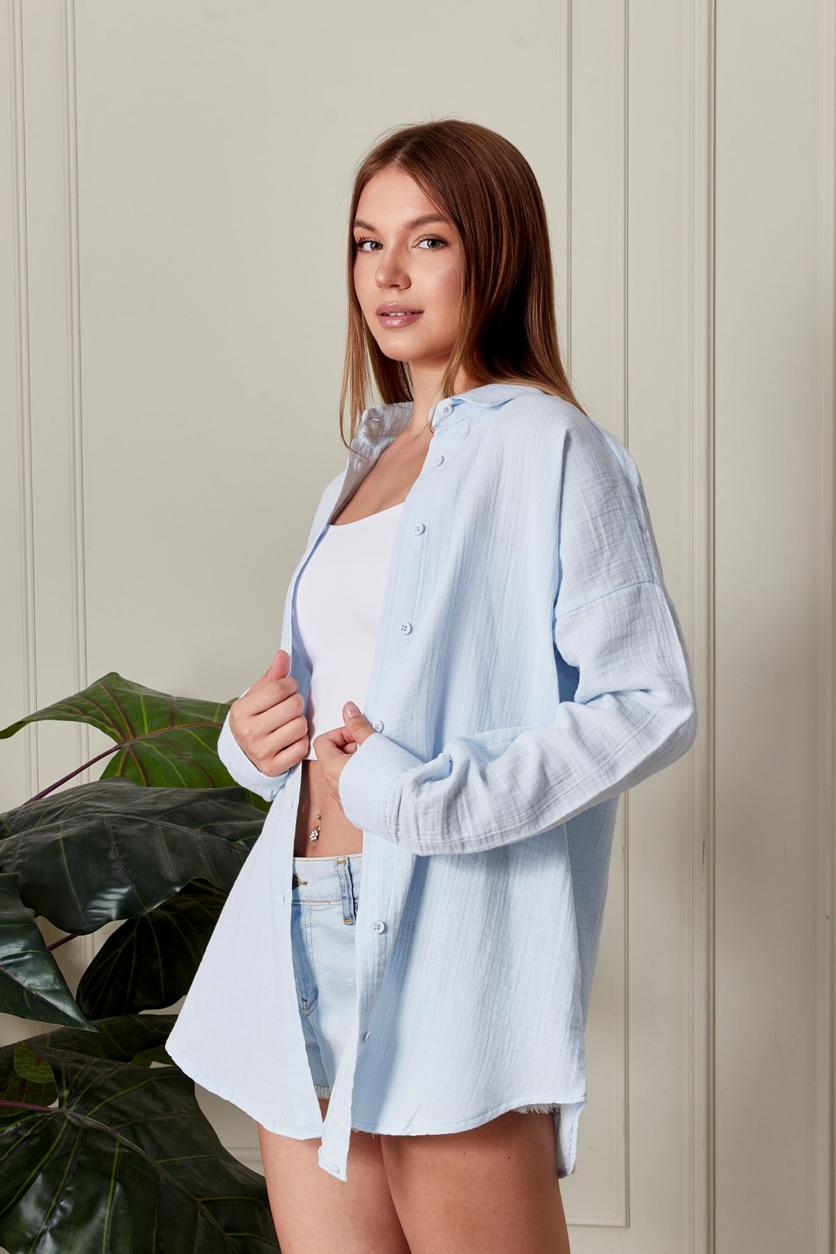 Oversize Basic Müslin Gömlek Bebe Mavi