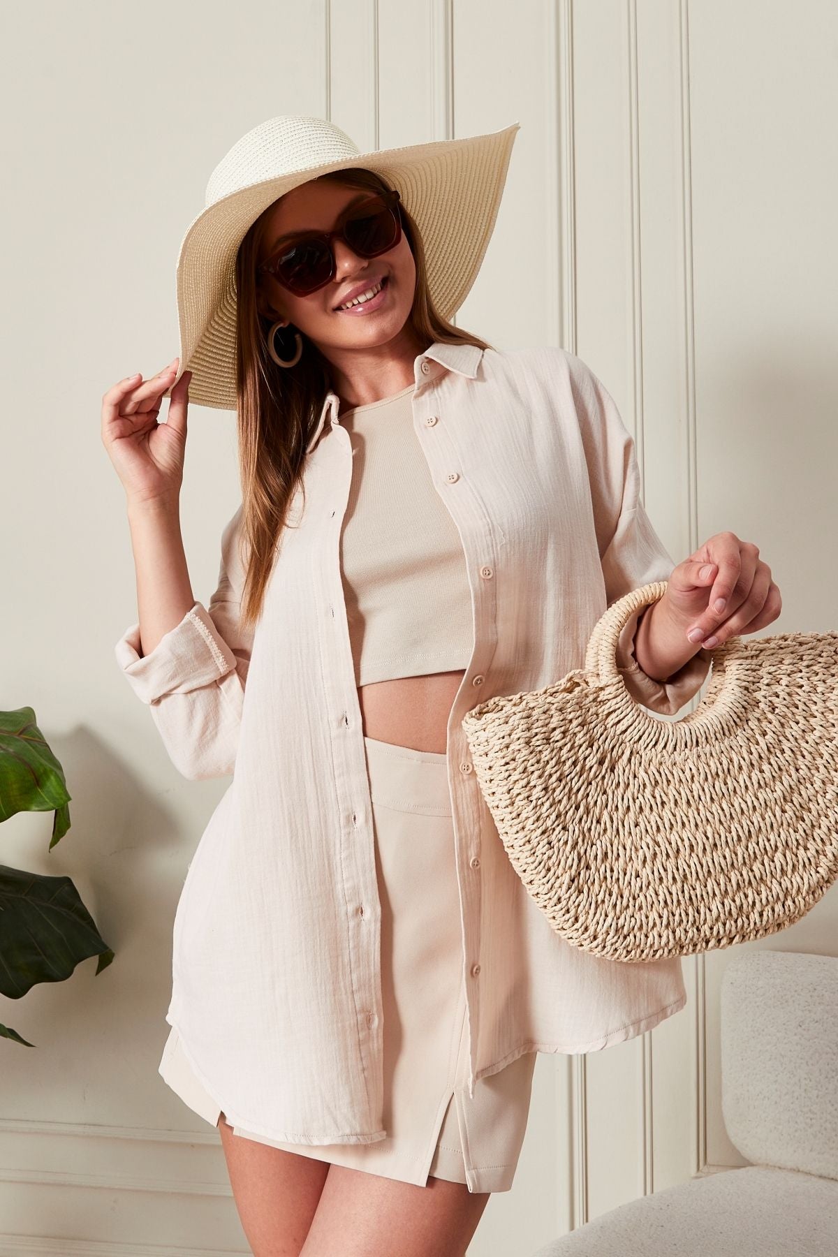 Oversize Basic Müslin Gömlek Bej