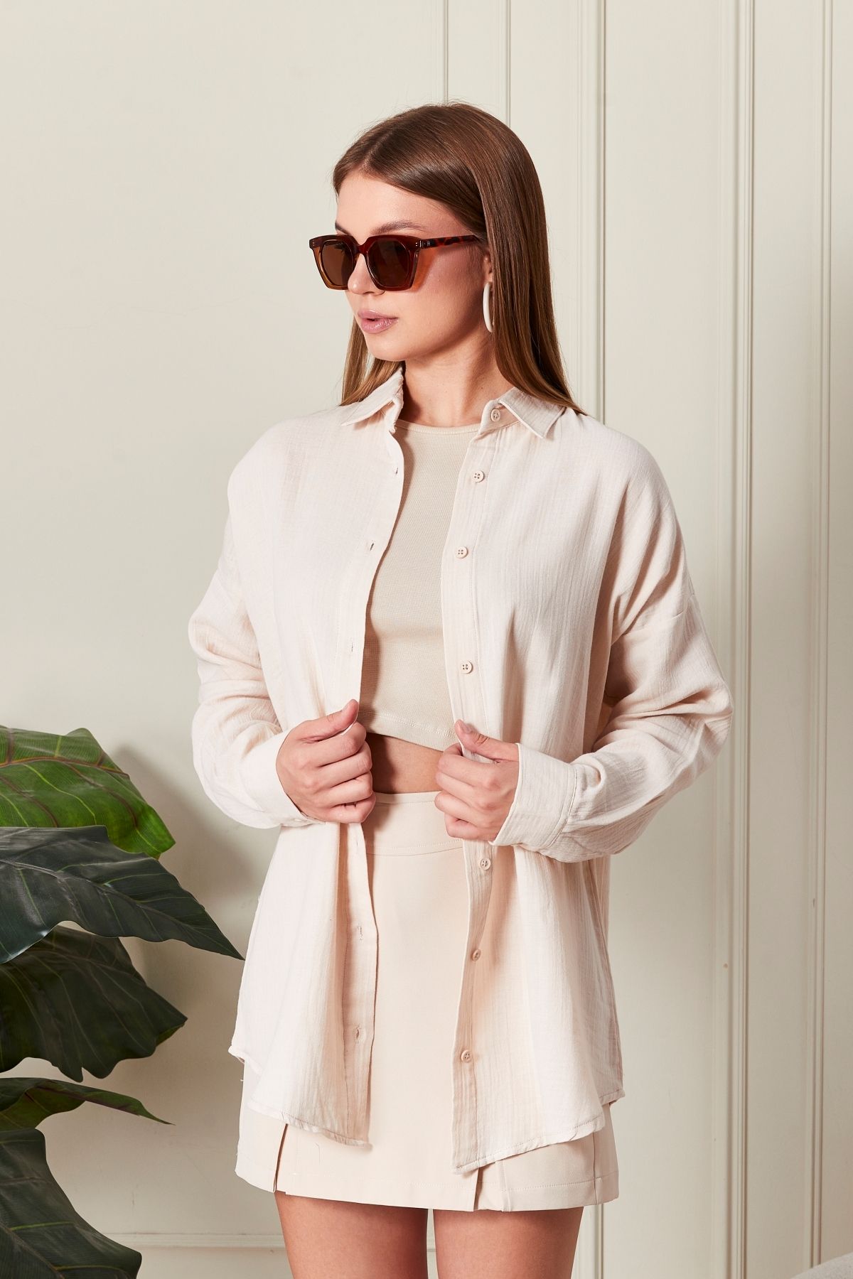 Oversize Basic Müslin Gömlek Bej