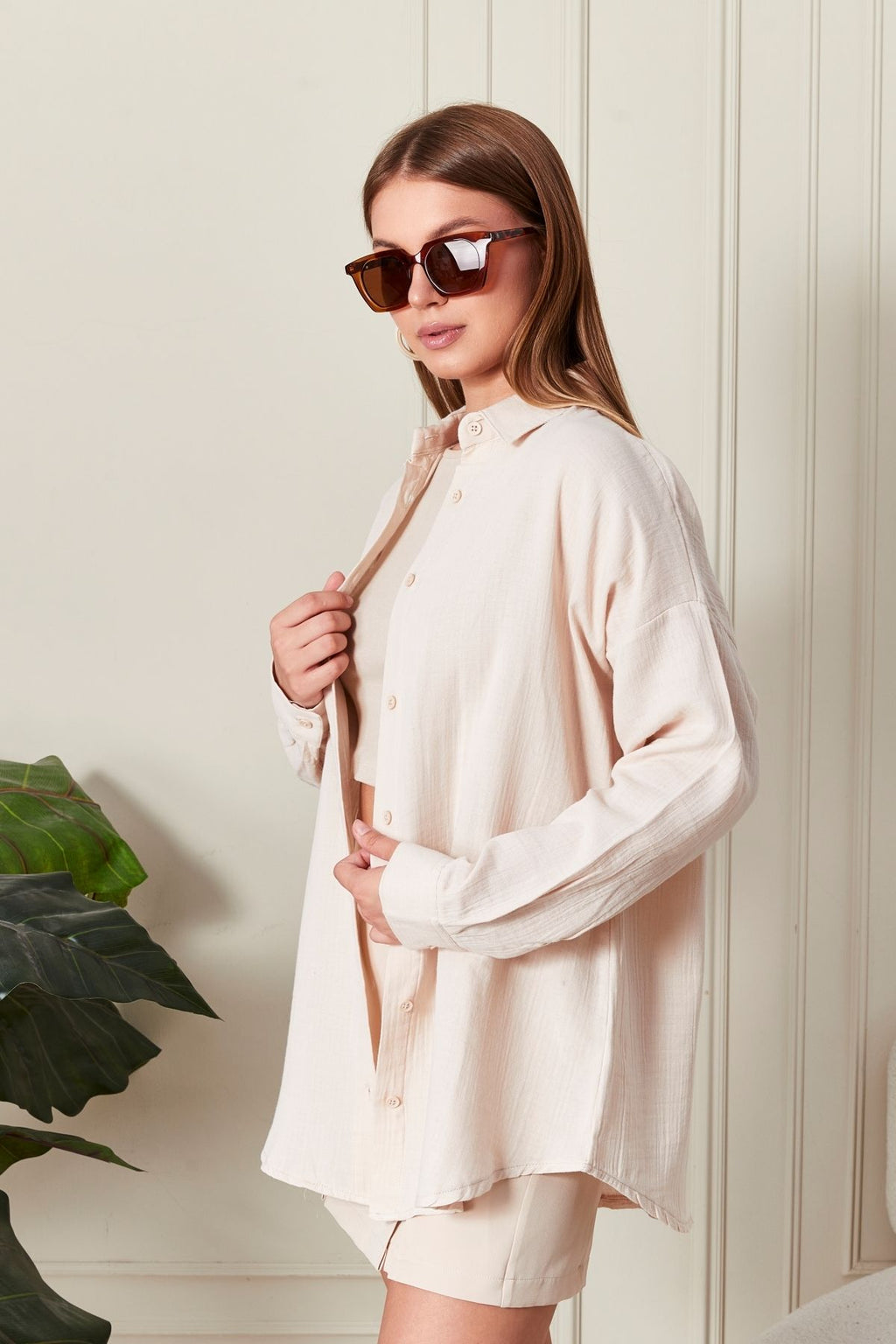 Oversize Basic Müslin Gömlek Bej