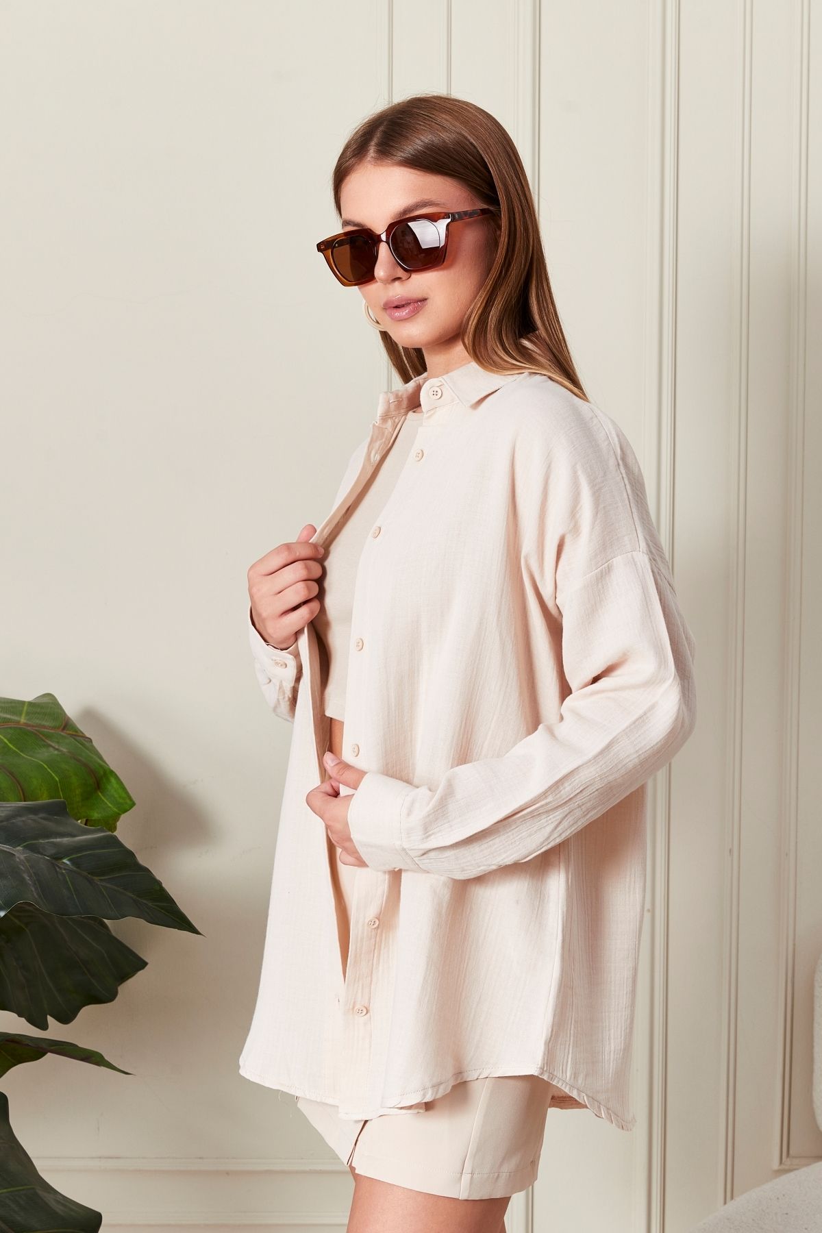 Oversize Basic Müslin Gömlek Bej