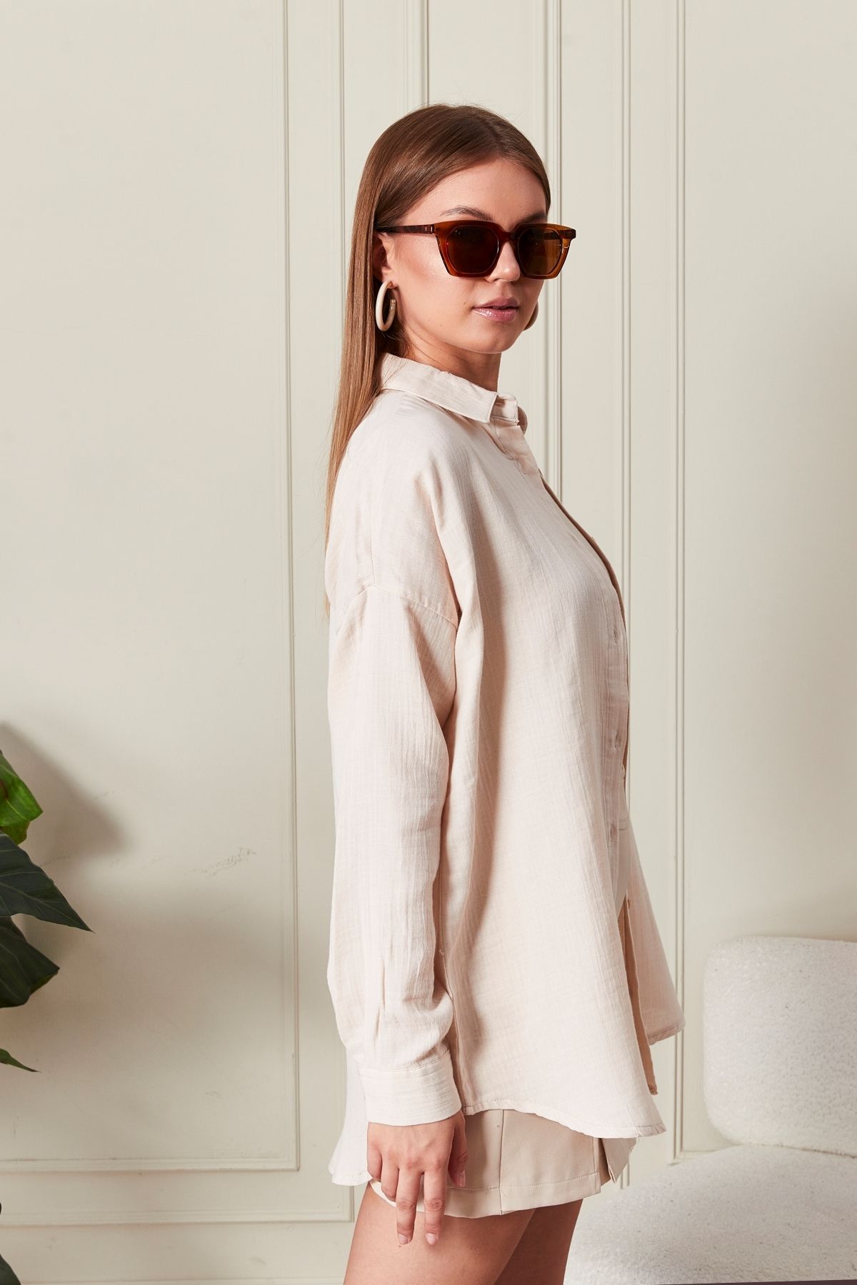 Oversize Basic Müslin Gömlek Bej