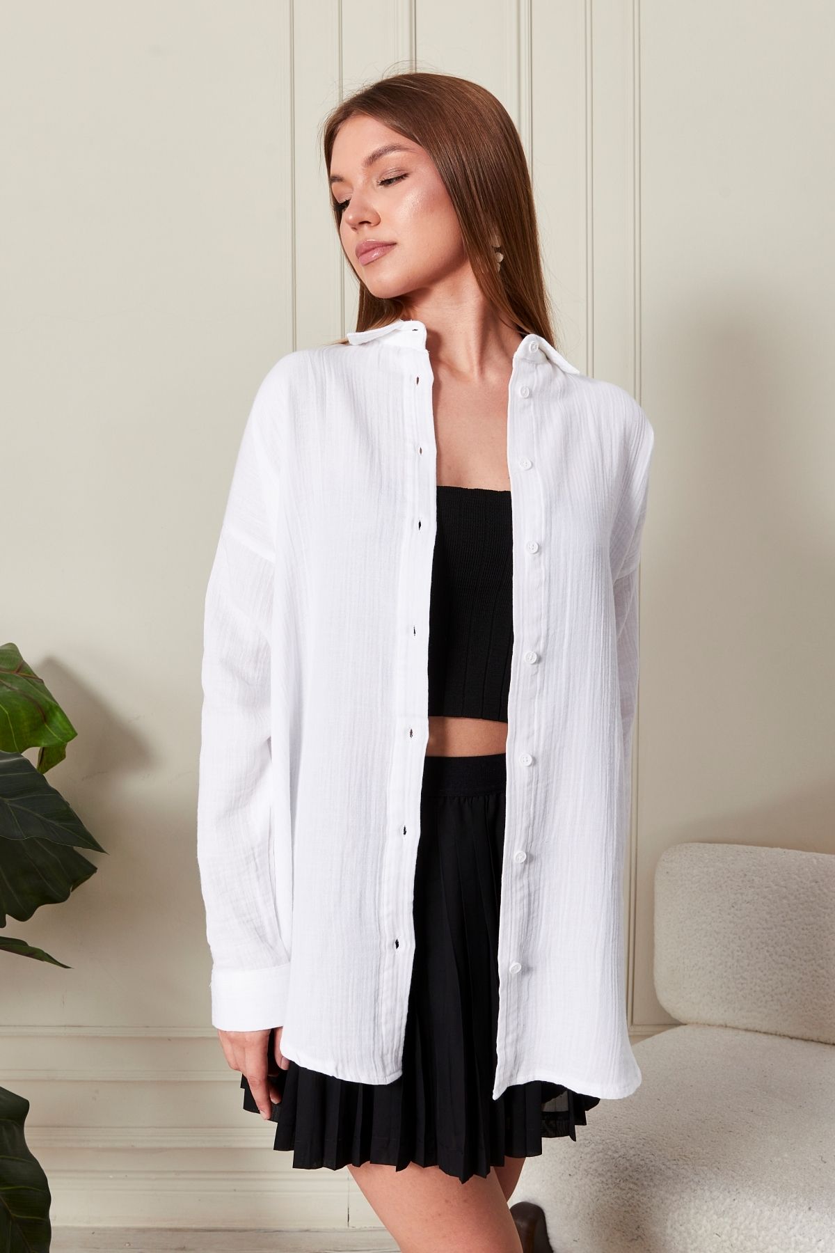Oversize Basic Müslin Gömlek Beyaz