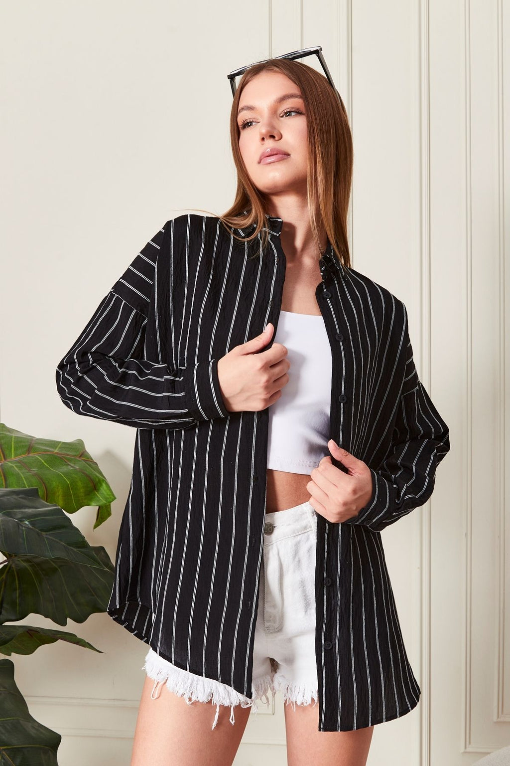 Siyah Çizgili Over Fit Her Mevsime Uygun Kadın Gömlek