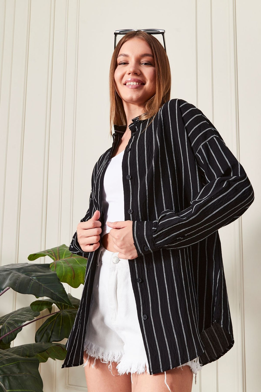 Siyah Çizgili Over Fit Her Mevsime Uygun Kadın Gömlek